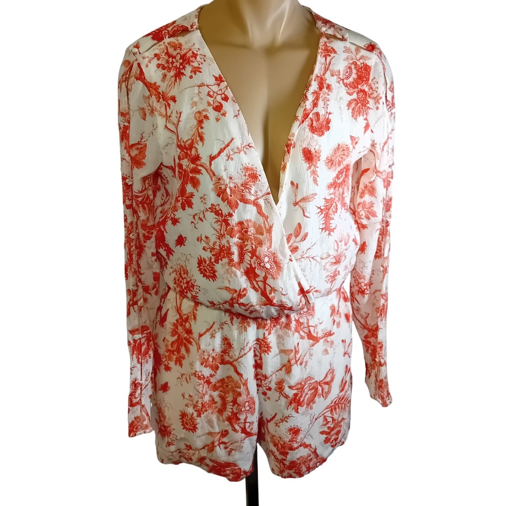 Club Monaco Floral Plunge Neck Romper Long Snap Sleeve Party Going Out Boho‎ 6